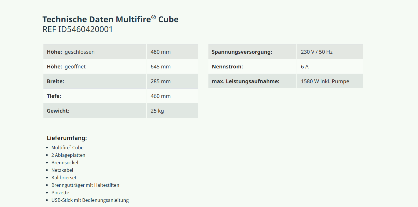 Technische Daten Multifire® Cube, öfen, keramic
