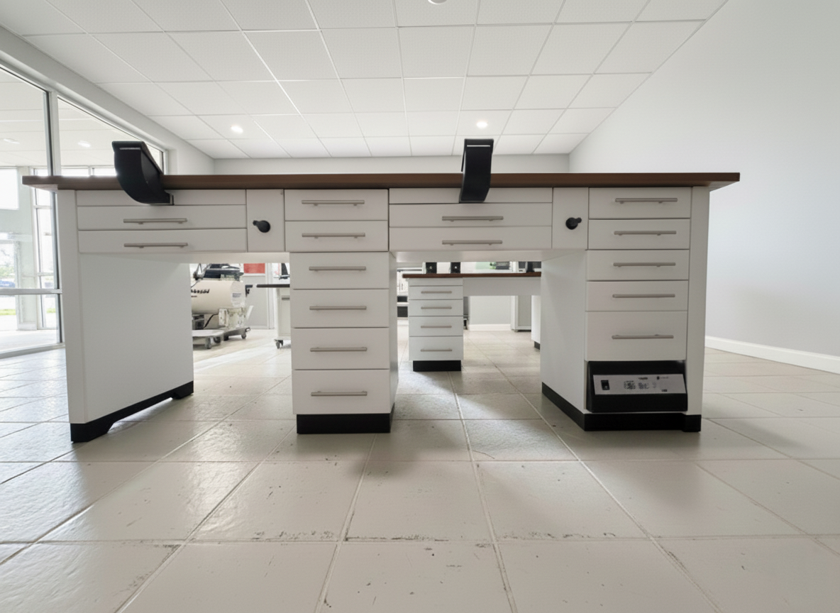 Dentalmöbel Labor Möbel zweier Arbeitstisch weiß mit Absaugvorrichtung und Luftanschluß – Bild 4