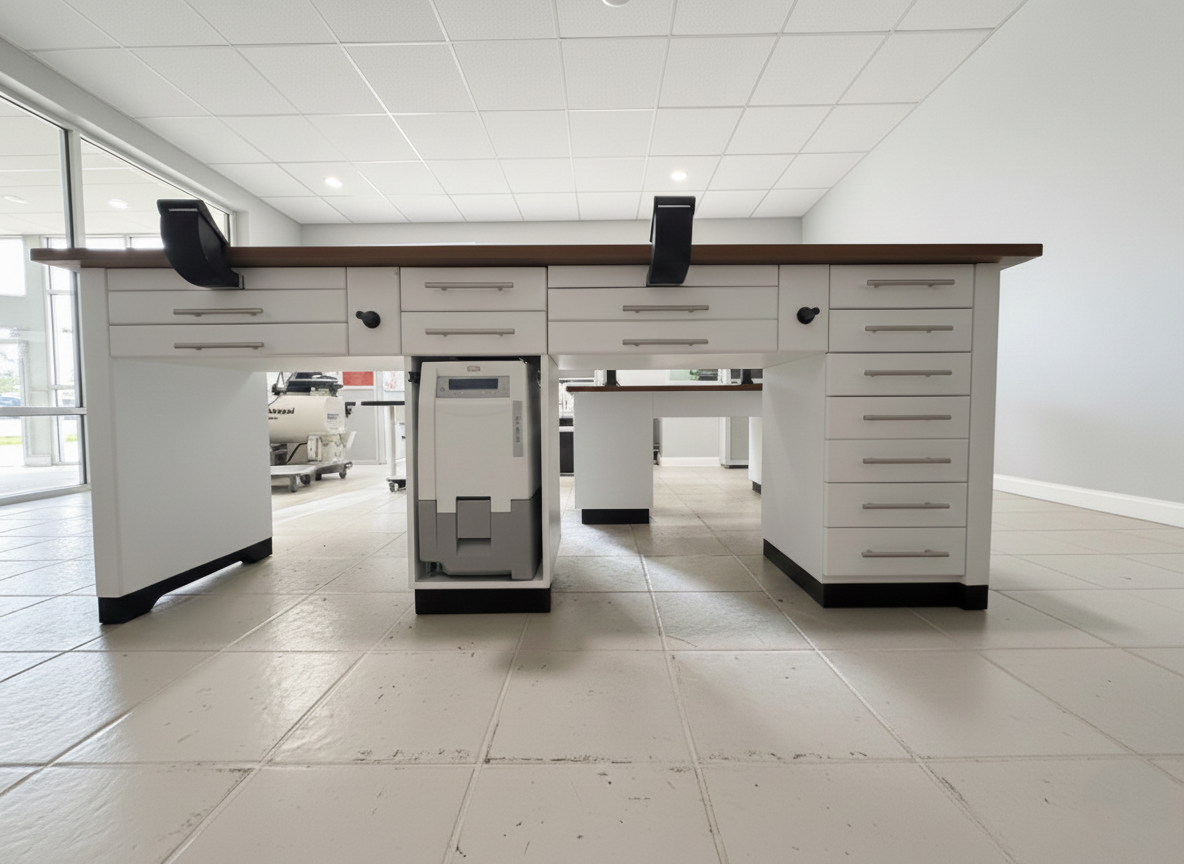 Dentalmöbel Labor Möbel zweier Arbeitstisch weiß mit Absaugvorrichtung und Luftanschluß – Bild 2