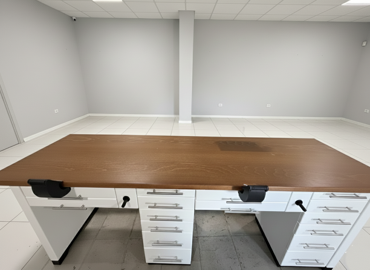 Dentalmöbel Labor Möbel zweier Arbeitstisch weiß mit Absaugvorrichtung und Luftanschluß – Bild 8