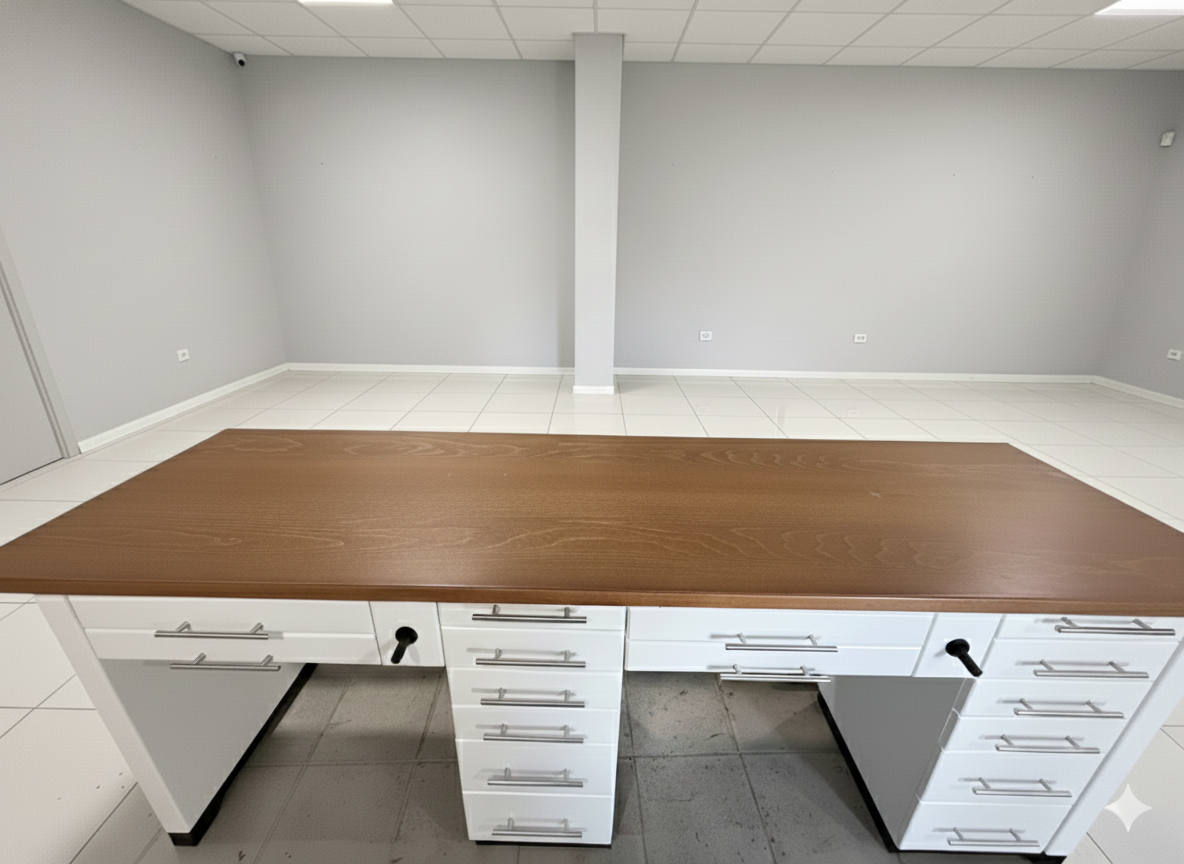 Dentalmöbel Labor Möbel zweier Arbeitstisch weiß mit Absaugvorrichtung und Luftanschluß