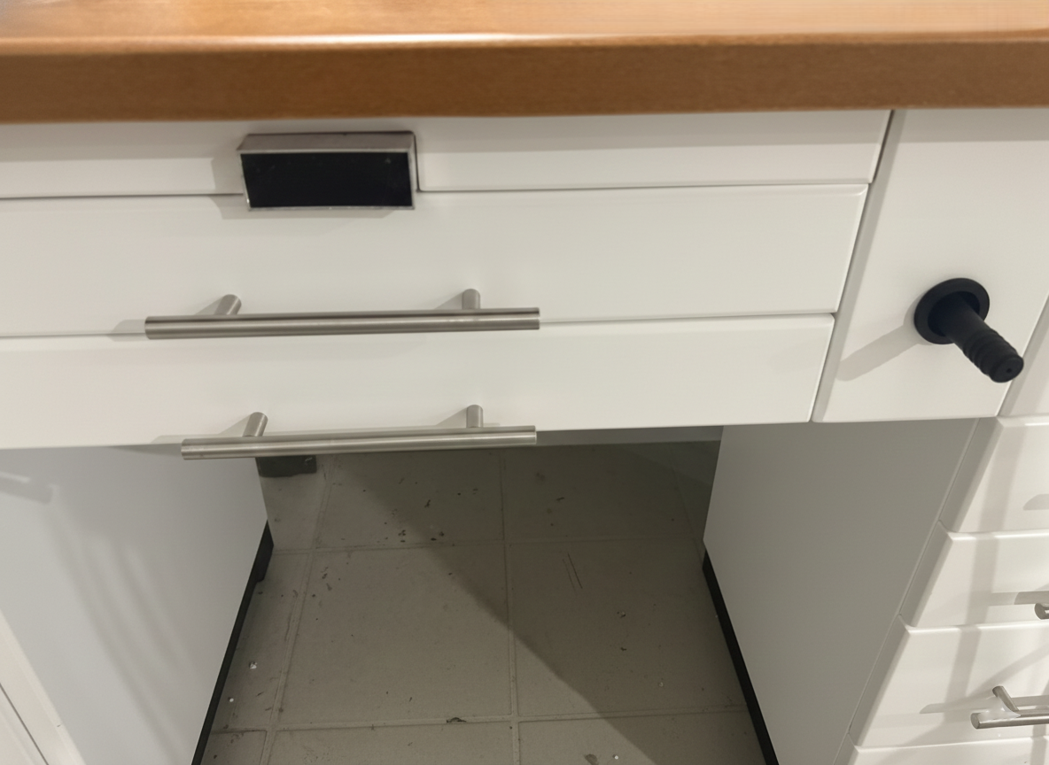 Dentalmöbel Labor Möbel zweier Arbeitstisch weiß mit Absaugvorrichtung und Luftanschluß – Bild 9